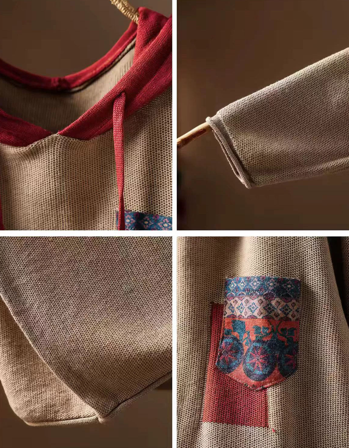 Women's Retro Loose Fit Hooded Knit Pullover Sweater