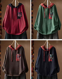Women's Beige Knit Hoodie with Red Hood and Patterned Pocket