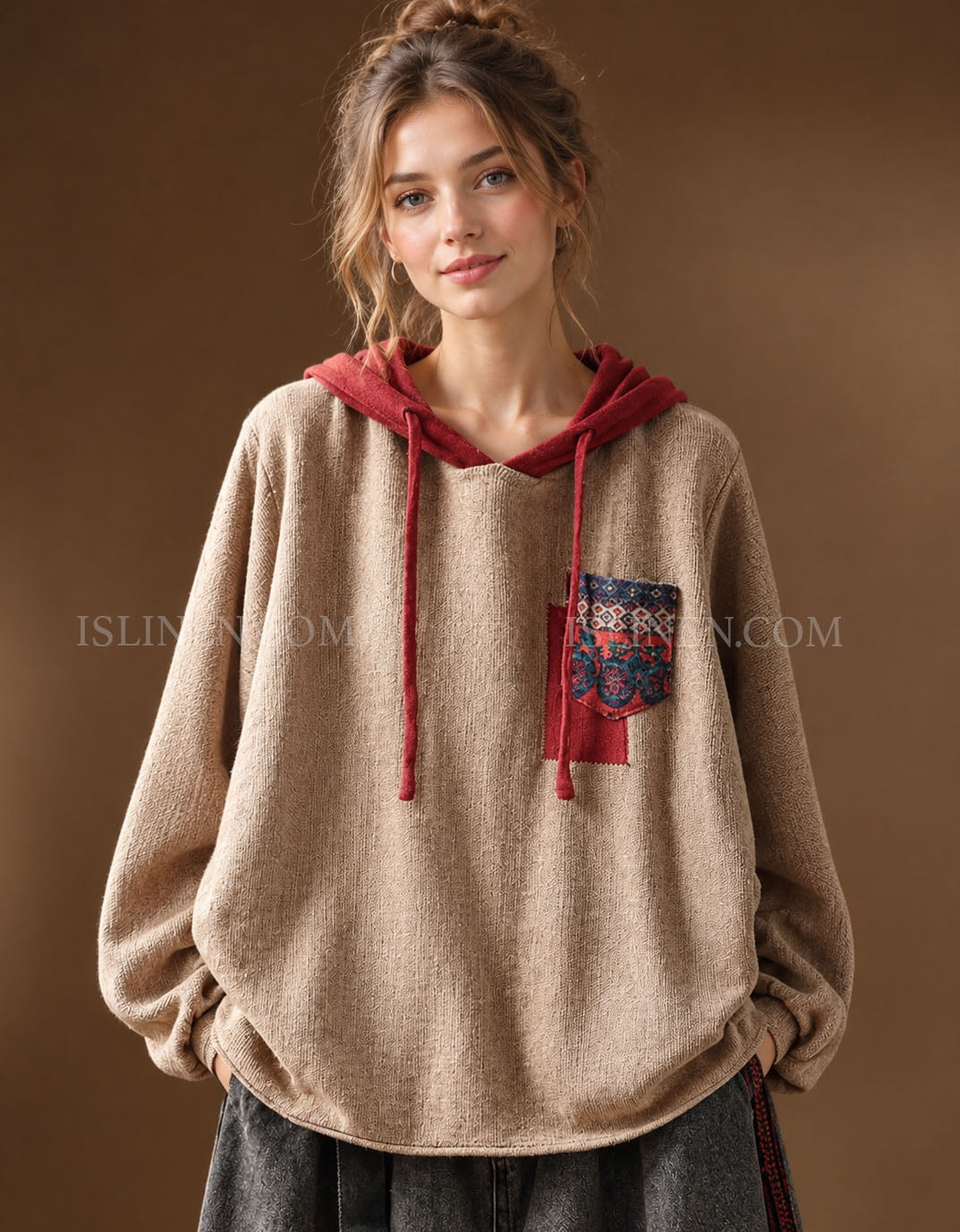 Women's Vintage Hooded Knit Pullover Beige Casual Sweater