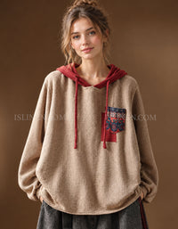 Women's Vintage Hooded Knit Pullover Beige Casual Sweater