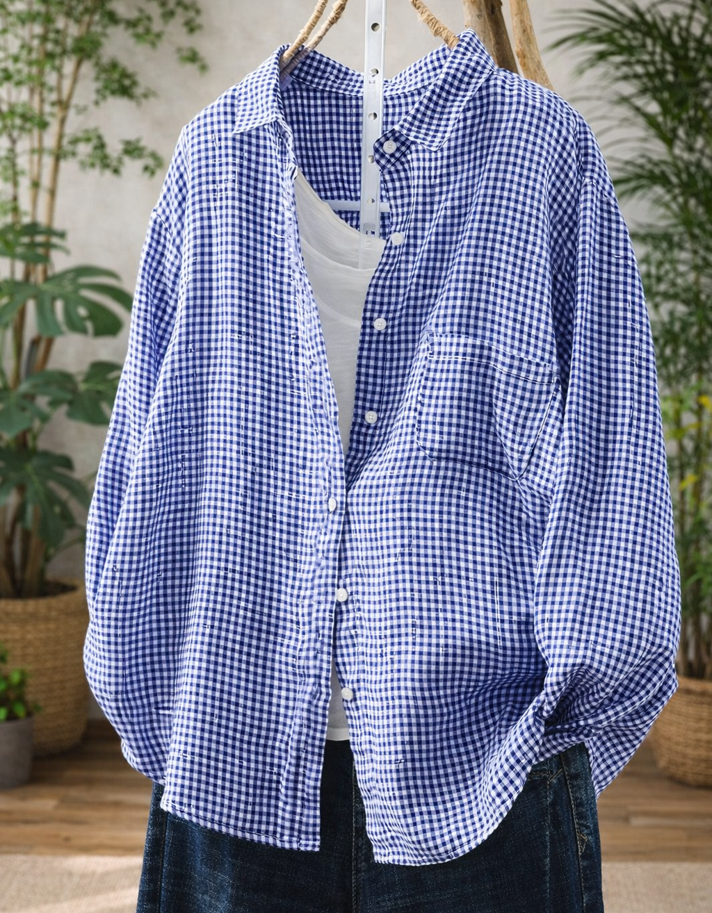 Women’s Casual Loose Gingham Checkered Button Up Shirt Blue