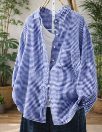 Women’s Casual Loose Gingham Checkered Button Up Shirt Blue