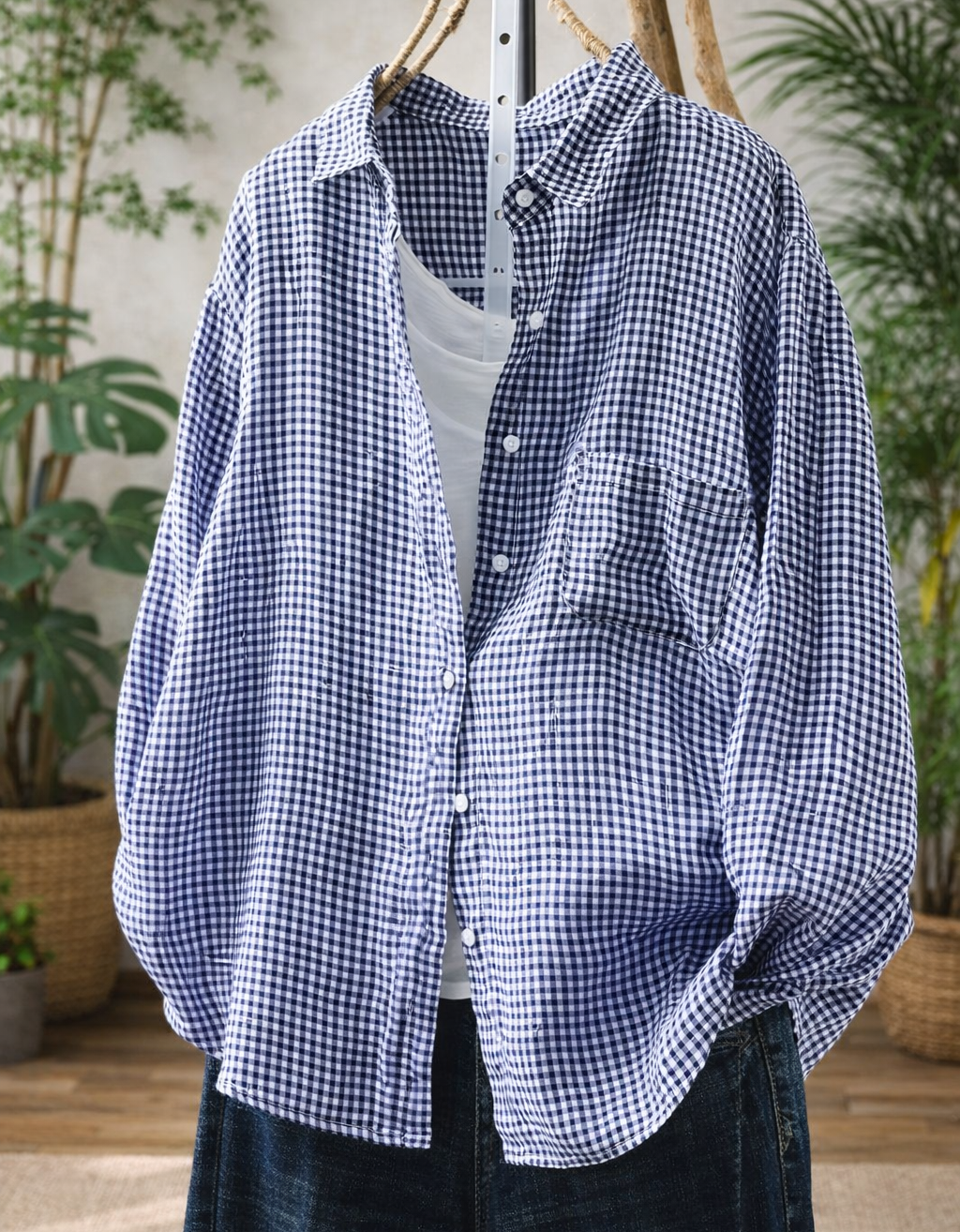 Women’s Casual Loose Gingham Checkered Button Up Shirt Navy Blue