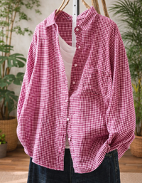Women’s Casual Loose Gingham Checkered Button Up Shirt Rose Pink