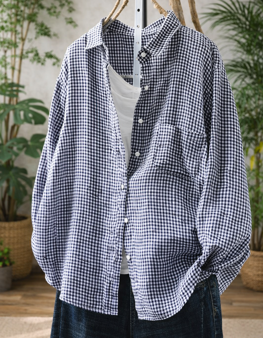Women’s Casual Loose Gingham Checkered Button Up Shirt Black