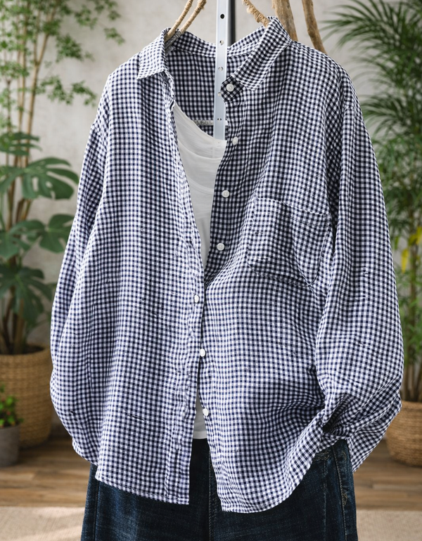 Women’s Casual Loose Gingham Checkered Button Up Shirt Black