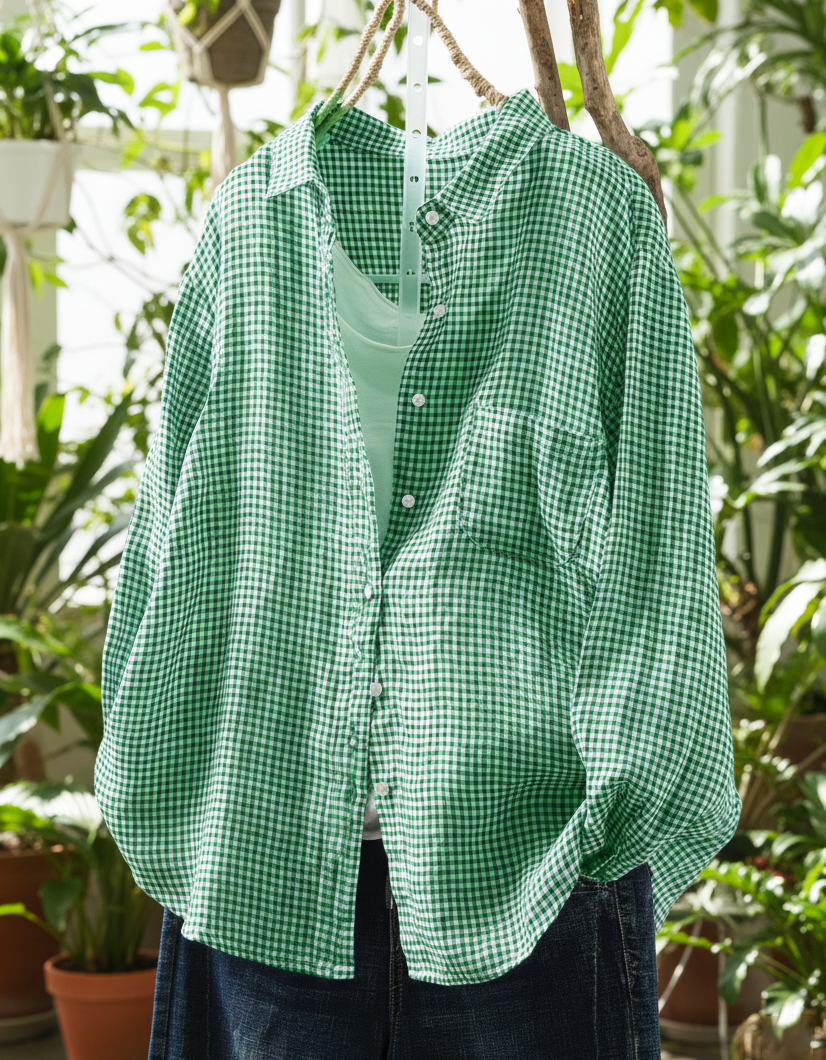 Women’s Casual Loose Gingham Checkered Button Up Shirt Green