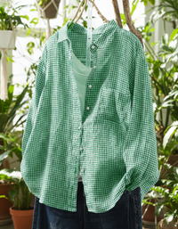 Women’s Casual Loose Gingham Checkered Button Up Shirt Green