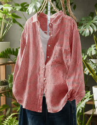 Women’s Casual Loose Gingham Checkered Button Up Shirt Pink