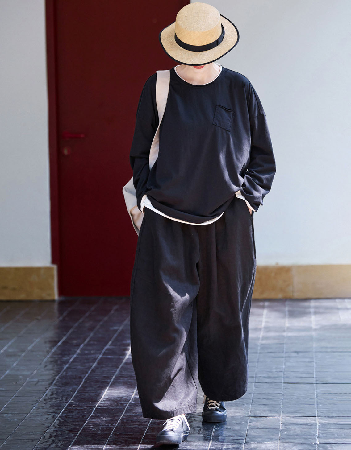 Casual high waist wide leg linen pants women outfit full view