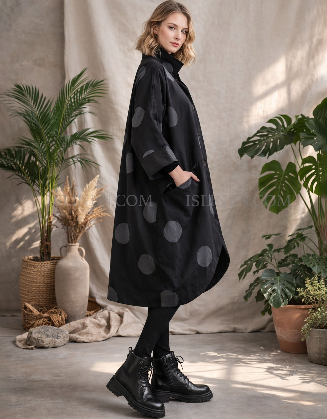 Women wearing loose fit black polka dot duster coat casual oversized outerwear
