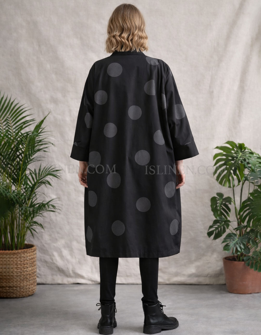 Women’s oversized black polka dot long cardigan jacket back view
