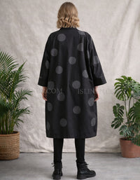 Women’s oversized black polka dot long cardigan jacket back view
