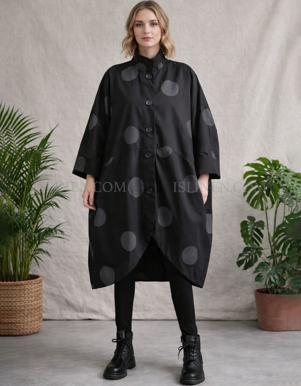 Women’s oversized black polka dot long coat loose fit button down jacket front view
