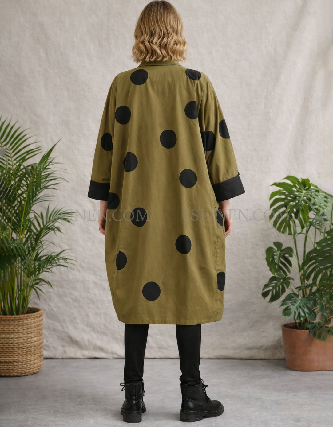 Women’s oversized army green polka dot long cardigan jacket back view
