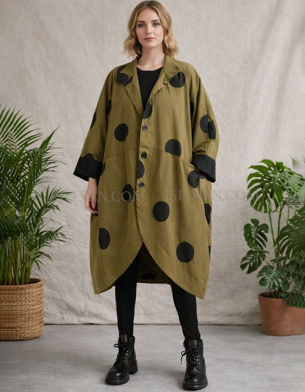 Women’s oversized olive green polka dot long coat loose fit button down jacket front view

