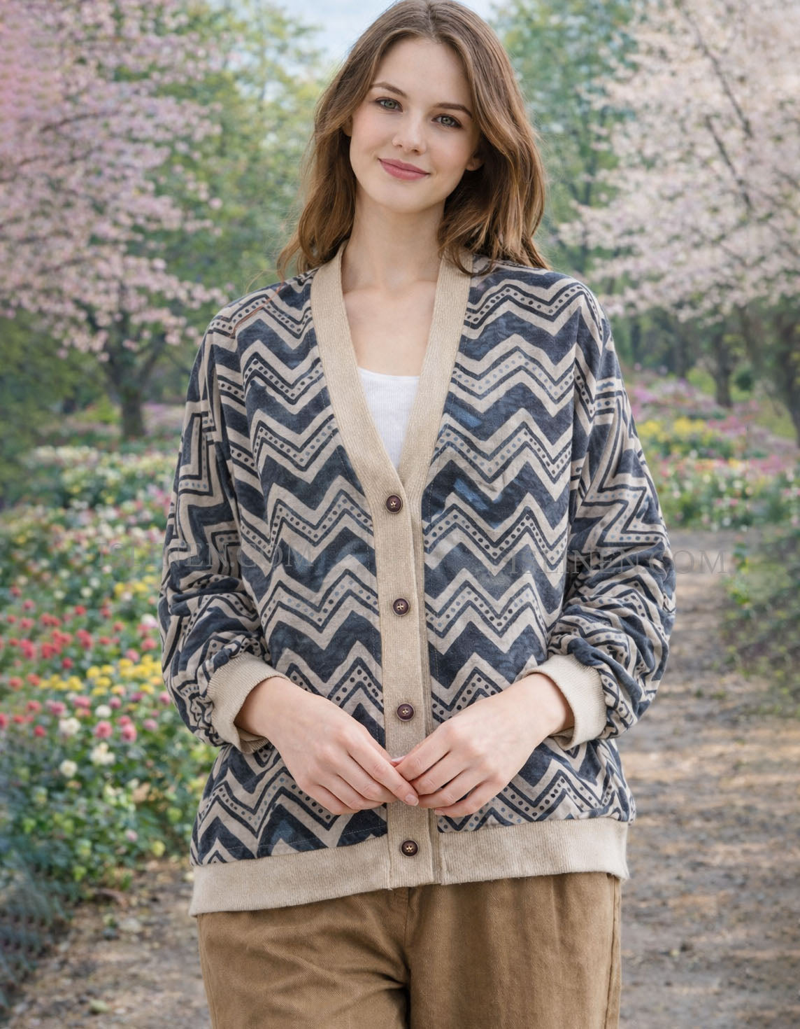 Women’s blue zigzag patterned cardigan front view