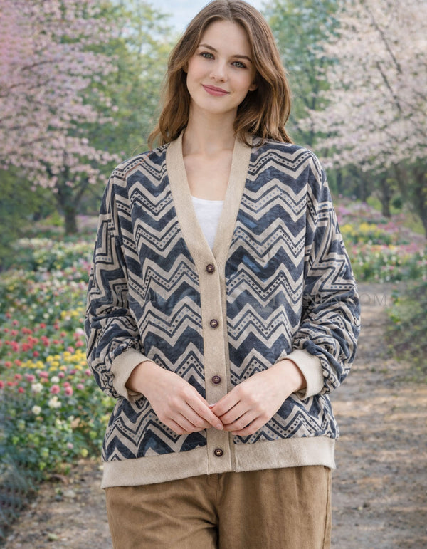 Women’s blue zigzag patterned cardigan front view