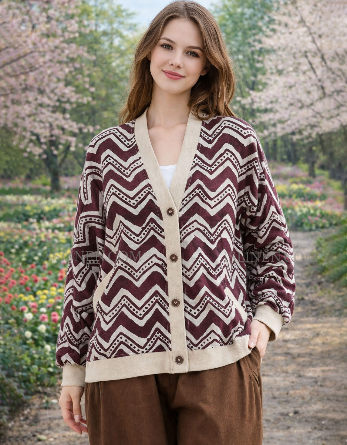 Women’s wine red zigzag patterned cardigan front view