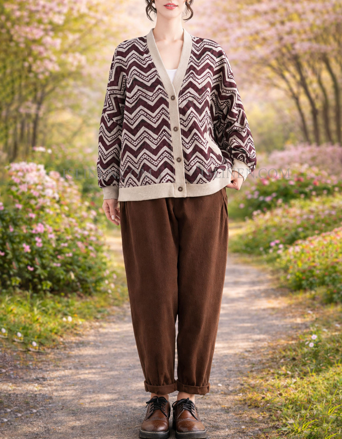 Wine red casual button front cardigan with zigzag print for women