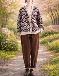 Wine red casual button front cardigan with zigzag print for women