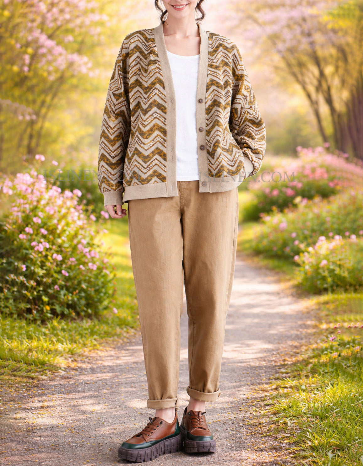 Yellow casual button front cardigan with zigzag print for women