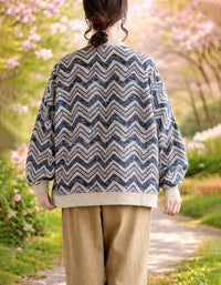 Blue casual button front cardigan with zigzag print for women back view