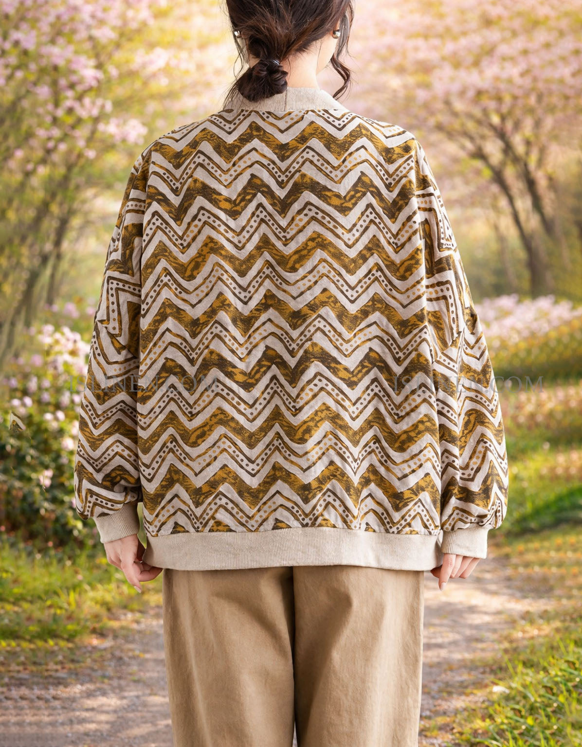 Yellow casual button front cardigan with zigzag print for women back view