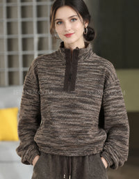 Women's Brown Marled Half-Zip Oversized Knit Sweater