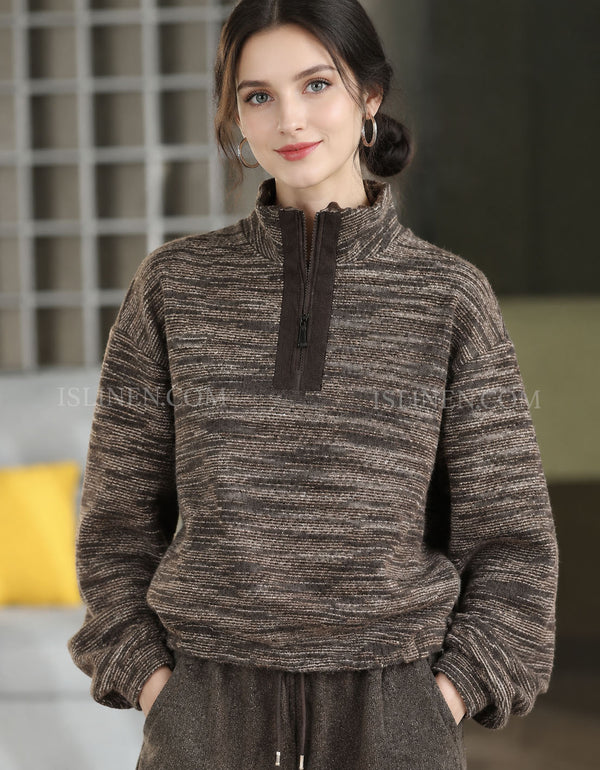 Women's Brown Marled Half-Zip Oversized Knit Sweater