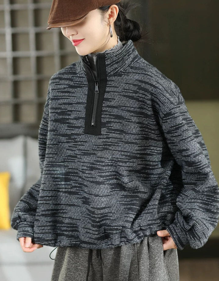 Women's Oversized Gray Half-Zip Casual Knit Pullover