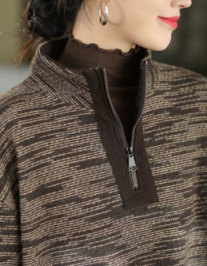 Close-up of Women's Brown High Neck Half-Zip Relaxed Fit Sweater