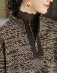 Close-up of Women's Brown High Neck Half-Zip Relaxed Fit Sweater