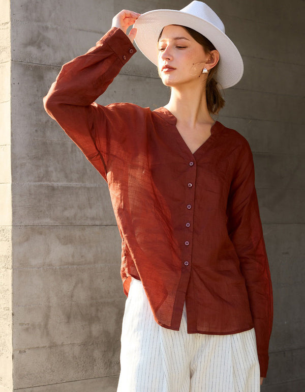 Women Rust Linen Button Down Casual Summer Blouse