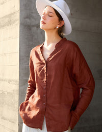 Women rust linen button down casual blouse