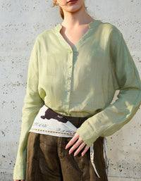 Women Breathable Linen V Neck Long Sleeve Blouse