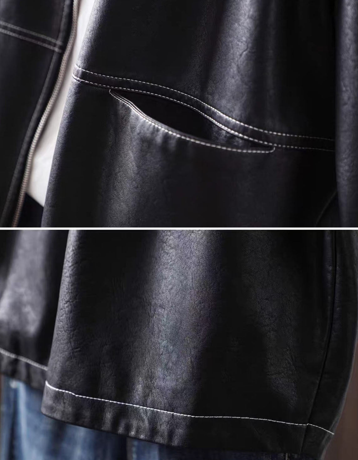 Details of Women's black faux leather bomber jacket styled with a white top and black jeans on a model