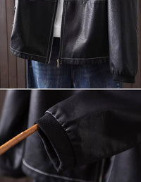 Black faux-leather jacket shown in a two-panel detail view: the top panel shows the jacket worn with a white shirt and blue jeans, and the bottom panel is a close-up of the ribbed cuff.