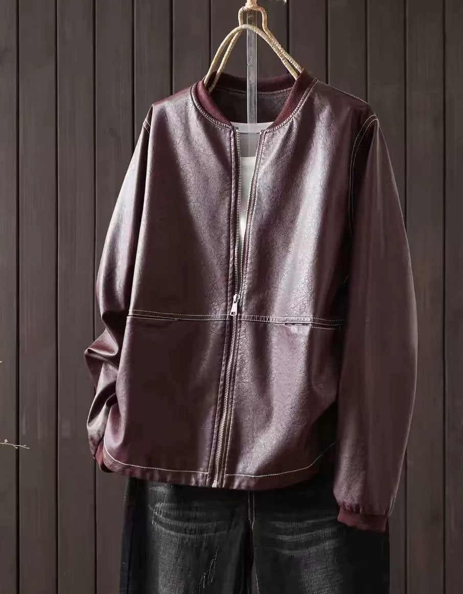 Women's Wine Red Faux Leather Bomber Jacket