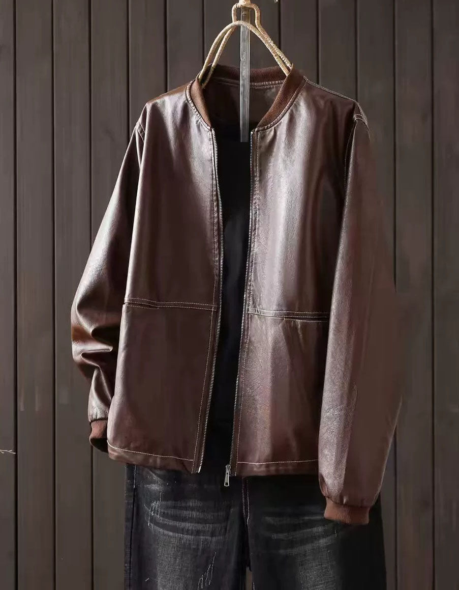 Women's Coffee Faux Leather Bomber Jacket