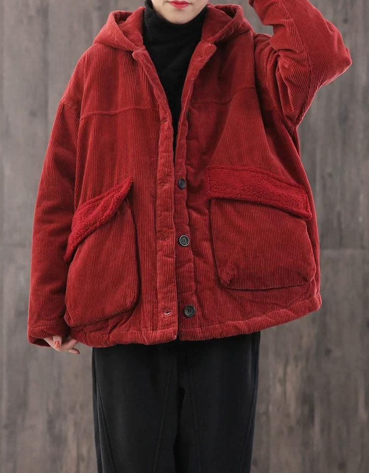 Women’s red corduroy hooded jacket front view