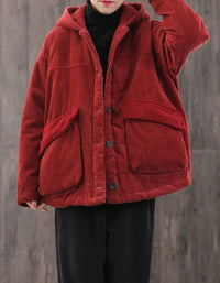 Women’s red corduroy hooded jacket front view