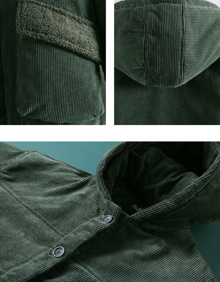 Women’s hooded corduroy jacket button front detail