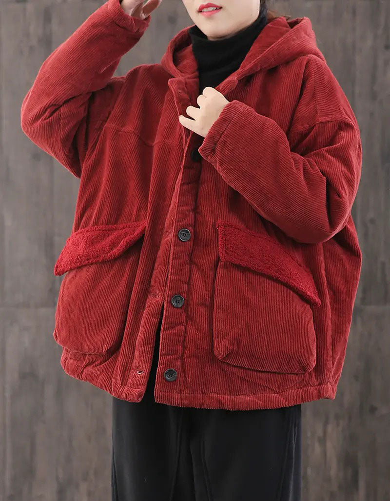 Red corduroy hooded jacket with plush trim pockets
