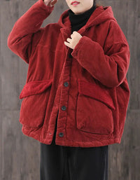 Red corduroy hooded jacket with plush trim pockets