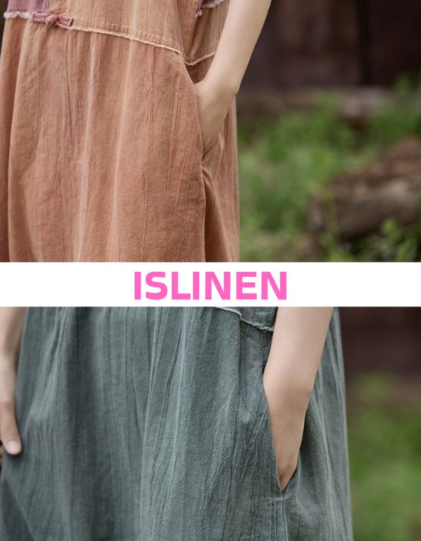 Two different linen dresses shown side by side with the brand 'ISLINEN' displayed.