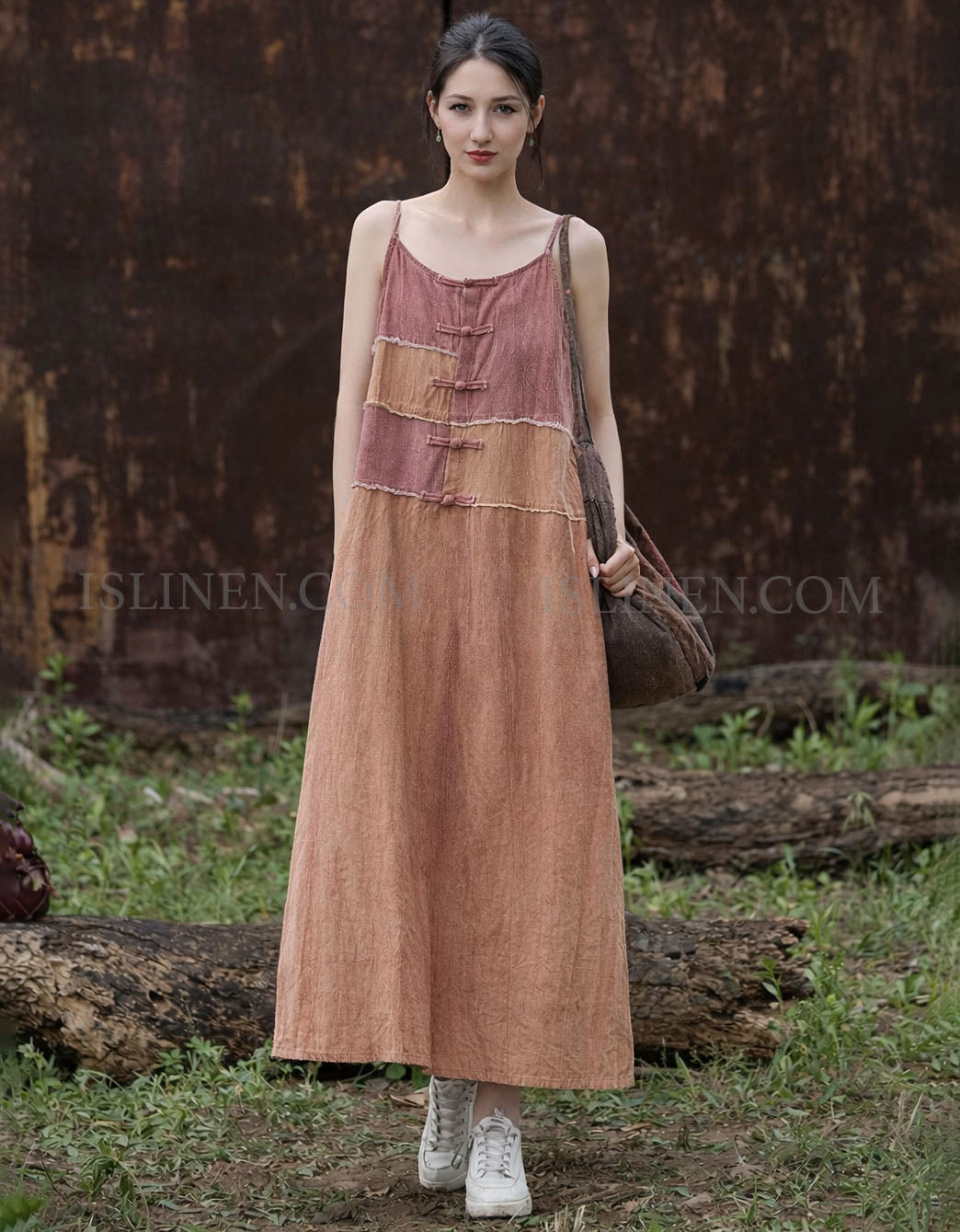 Women’s vintage linen patchwork maxi dress with loose fit and boho summer style