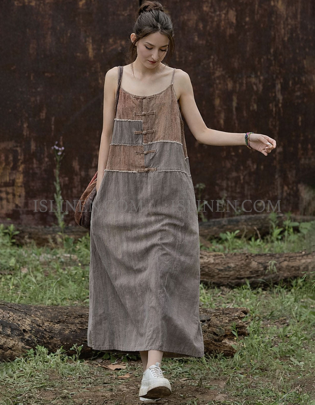 Women’s Cottagecore Linen Slip Dress – Patchwork Bohemian Maxi Dress