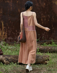 Women’s Patchwork Linen Dress – Casual Bohemian Sleeveless Maxi Dress Back View
