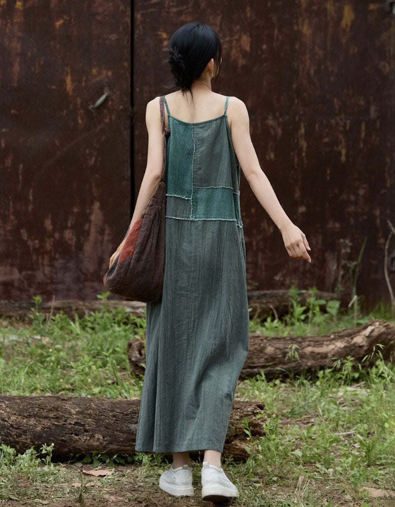 Women’s Vintage Linen Patchwork Maxi Dress – Loose Fit Boho Summer Slip Dress Back View